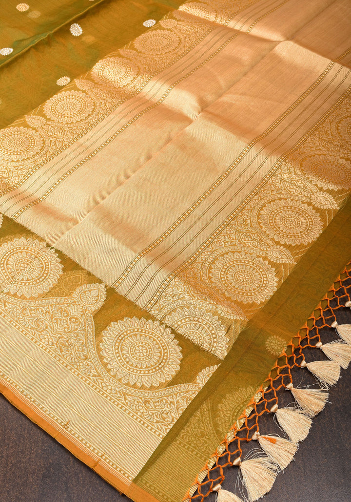 Gorgeous Pure Banarasi Kora Silk Saree in Henna Mustard Dual Tone with Kadhuwa Weave | SILK MARK CERTIFIED