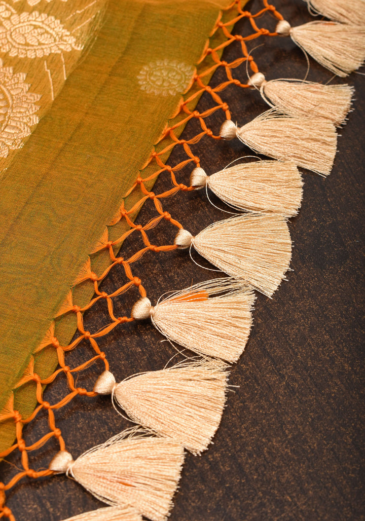 Gorgeous Pure Banarasi Kora Silk Saree in Henna Mustard Dual Tone with Kadhuwa Weave | SILK MARK CERTIFIED