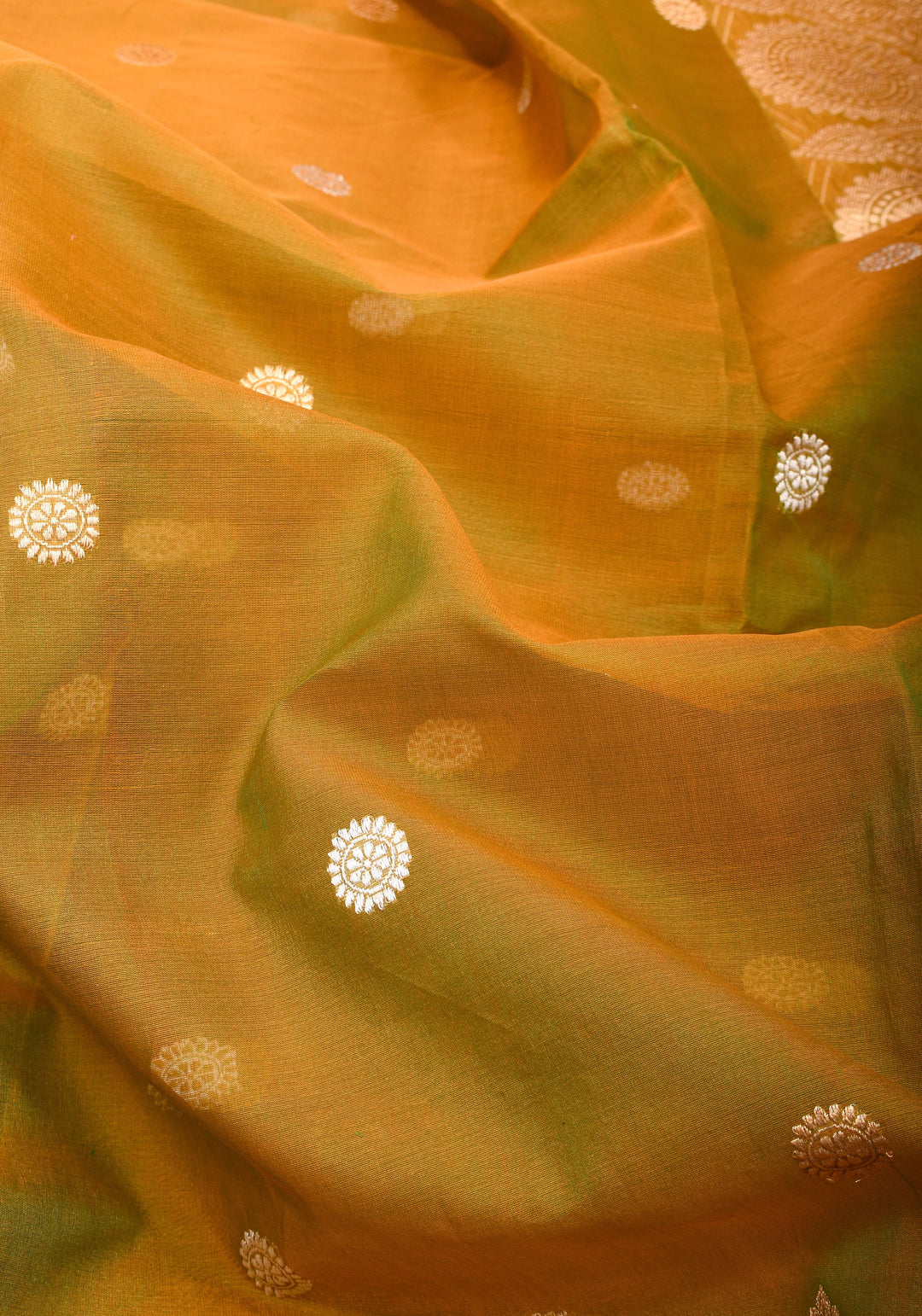 Gorgeous Pure Banarasi Kora Silk Saree in Henna Mustard Dual Tone with Kadhuwa Weave | SILK MARK CERTIFIED