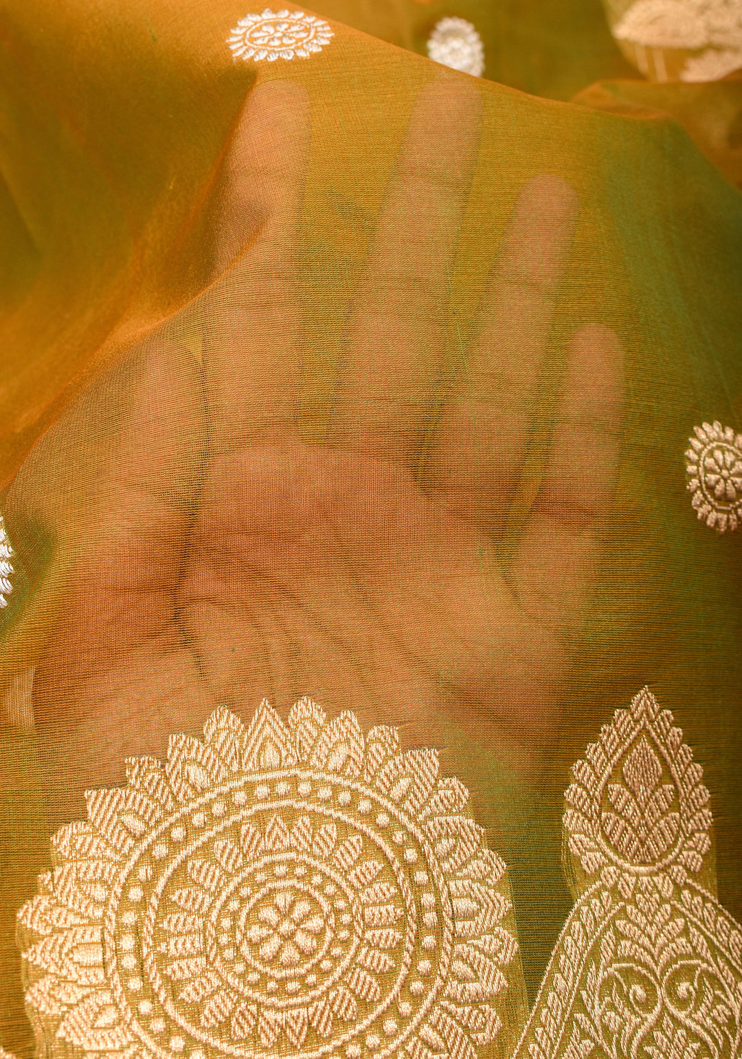 Gorgeous Pure Banarasi Kora Silk Saree in Henna Mustard Dual Tone with Kadhuwa Weave | SILK MARK CERTIFIED