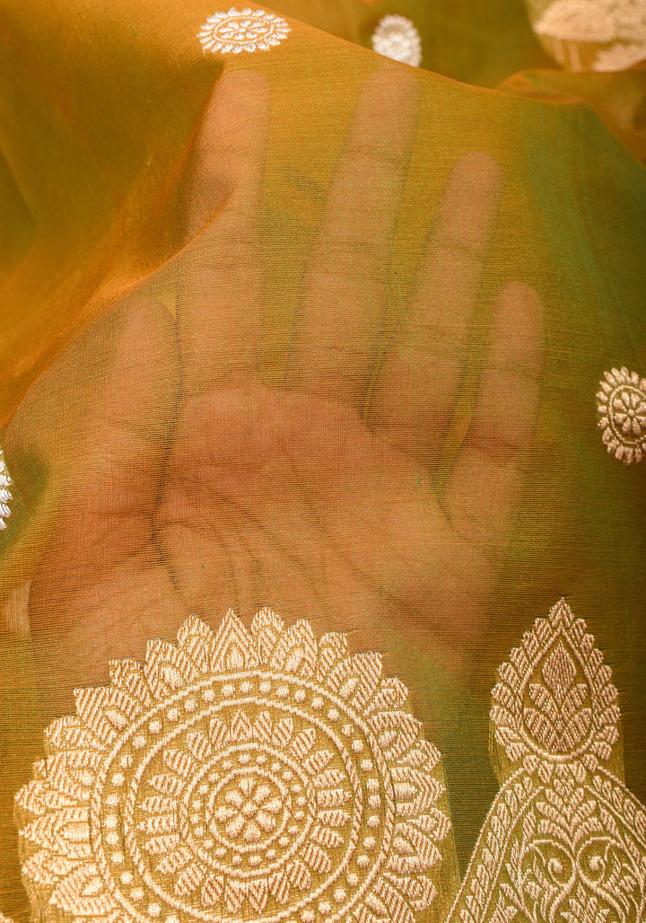 Gorgeous Pure Banarasi Kora Silk Saree in Henna Mustard Dual Tone with Kadhuwa Weave | SILK MARK CERTIFIED