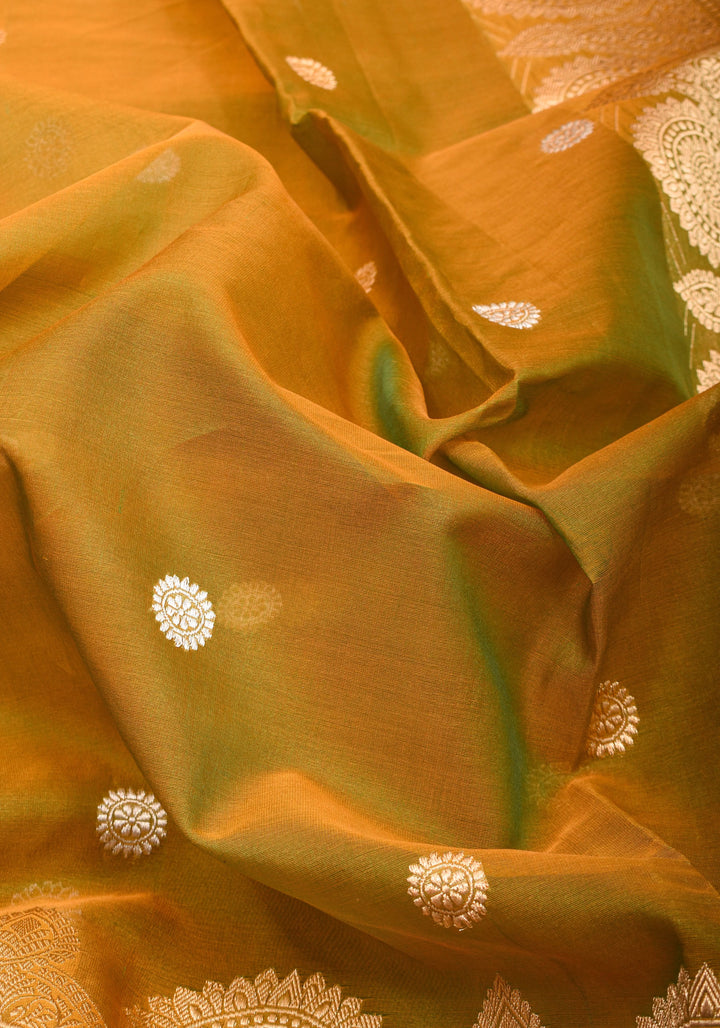 Gorgeous Pure Banarasi Kora Silk Saree in Henna Mustard Dual Tone with Kadhuwa Weave | SILK MARK CERTIFIED