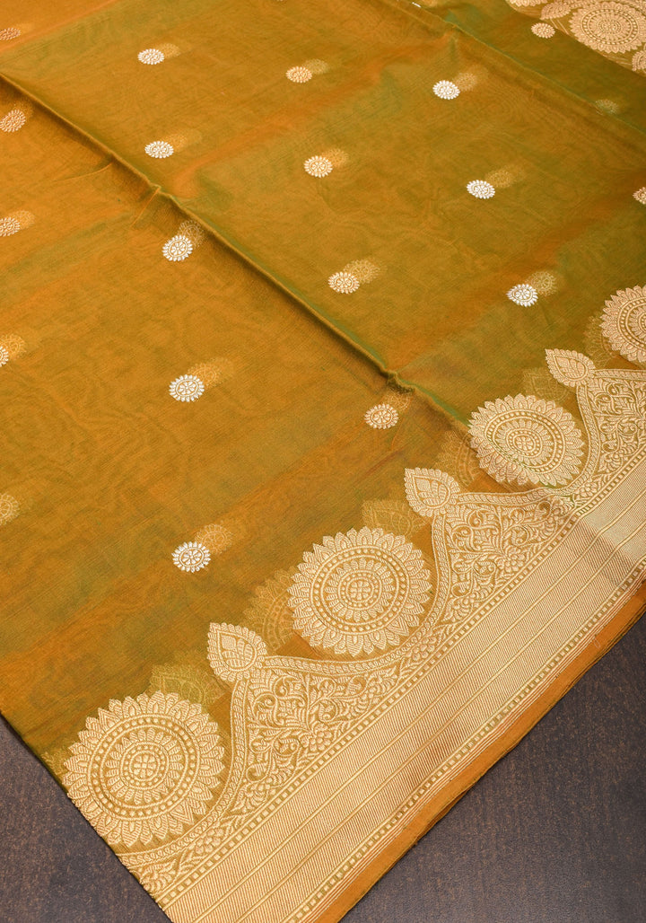 Gorgeous Pure Banarasi Kora Silk Saree in Henna Mustard Dual Tone with Kadhuwa Weave | SILK MARK CERTIFIED