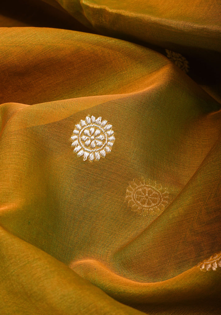 Gorgeous Pure Banarasi Kora Silk Saree in Henna Mustard Dual Tone with Kadhuwa Weave | SILK MARK CERTIFIED