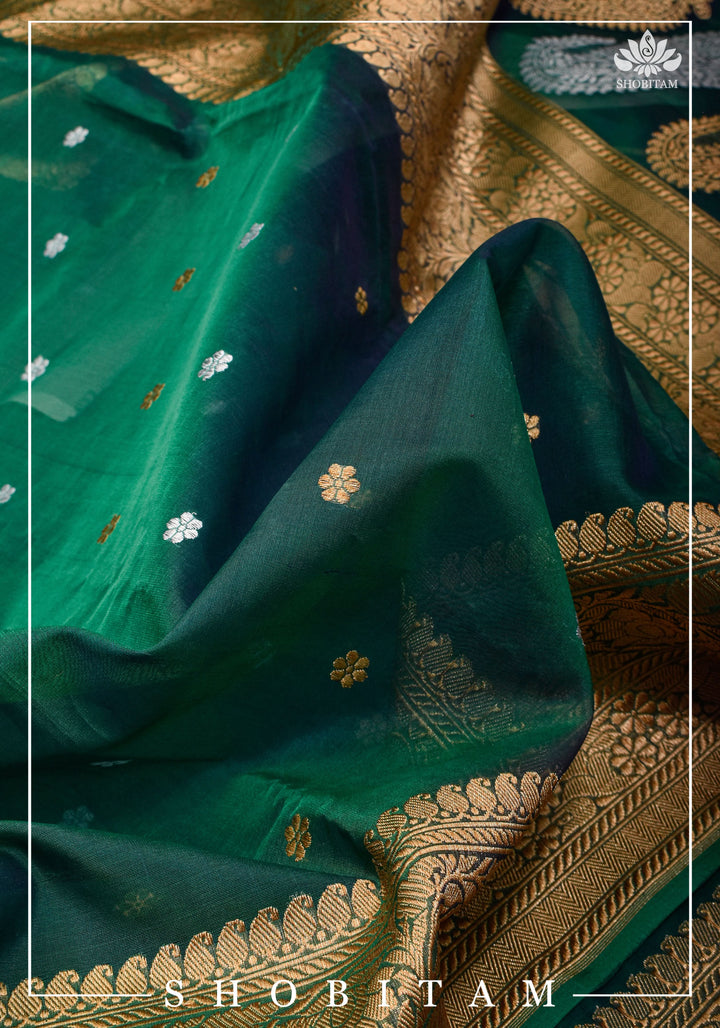 Exquisite Banarasi Kora Silk Saree in Green with Sona Rupa Chunri Buttis and Zari Border | SILK MARK CERTIFIED