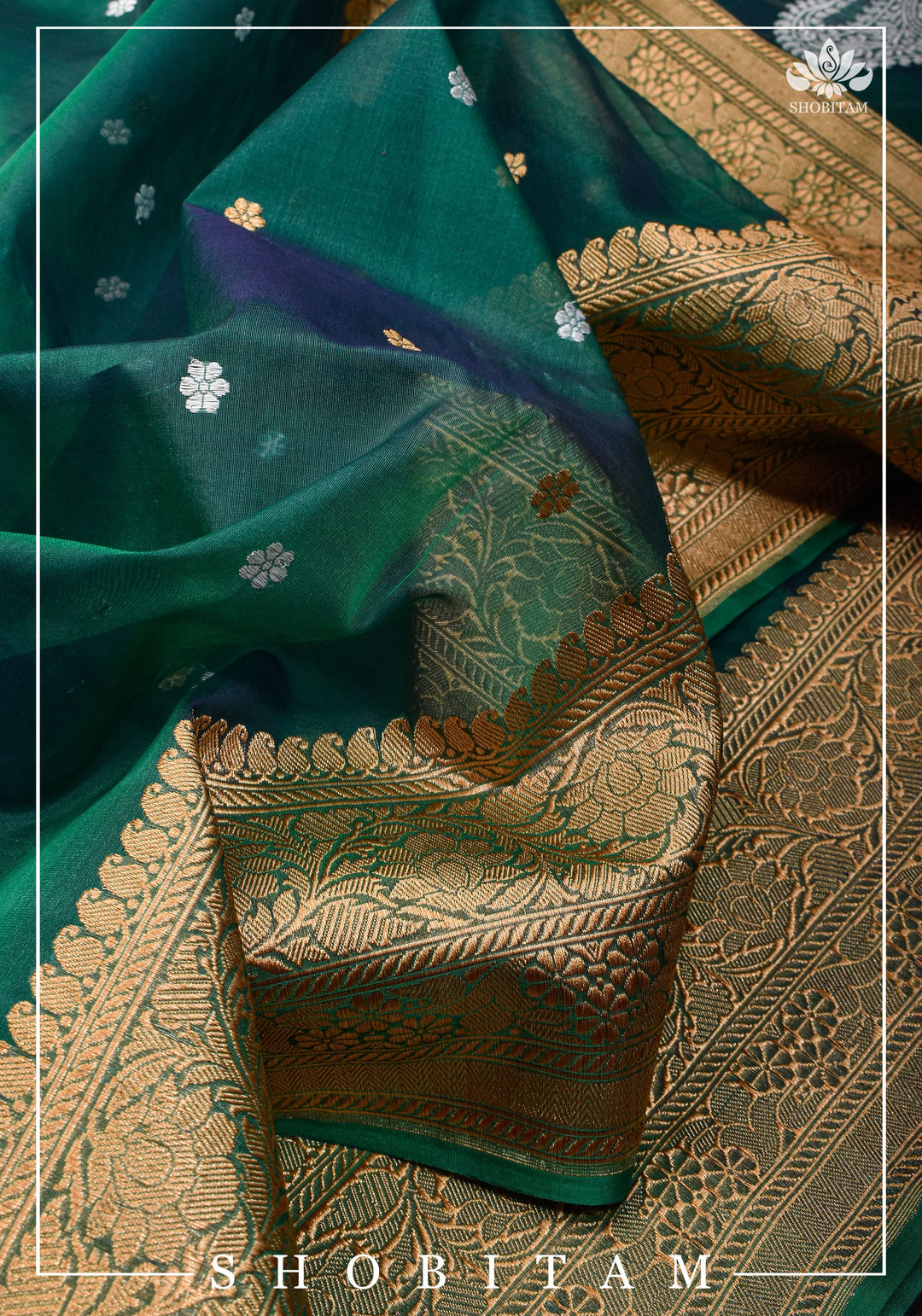 Exquisite Banarasi Kora Silk Saree in Green with Sona Rupa Chunri Buttis and Zari Border | SILK MARK CERTIFIED