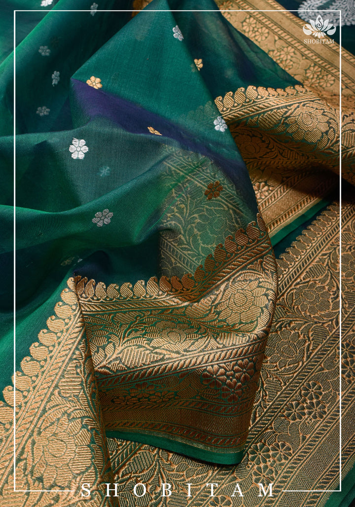 Exquisite Banarasi Kora Silk Saree in Green with Sona Rupa Chunri Buttis and Zari Border | SILK MARK CERTIFIED
