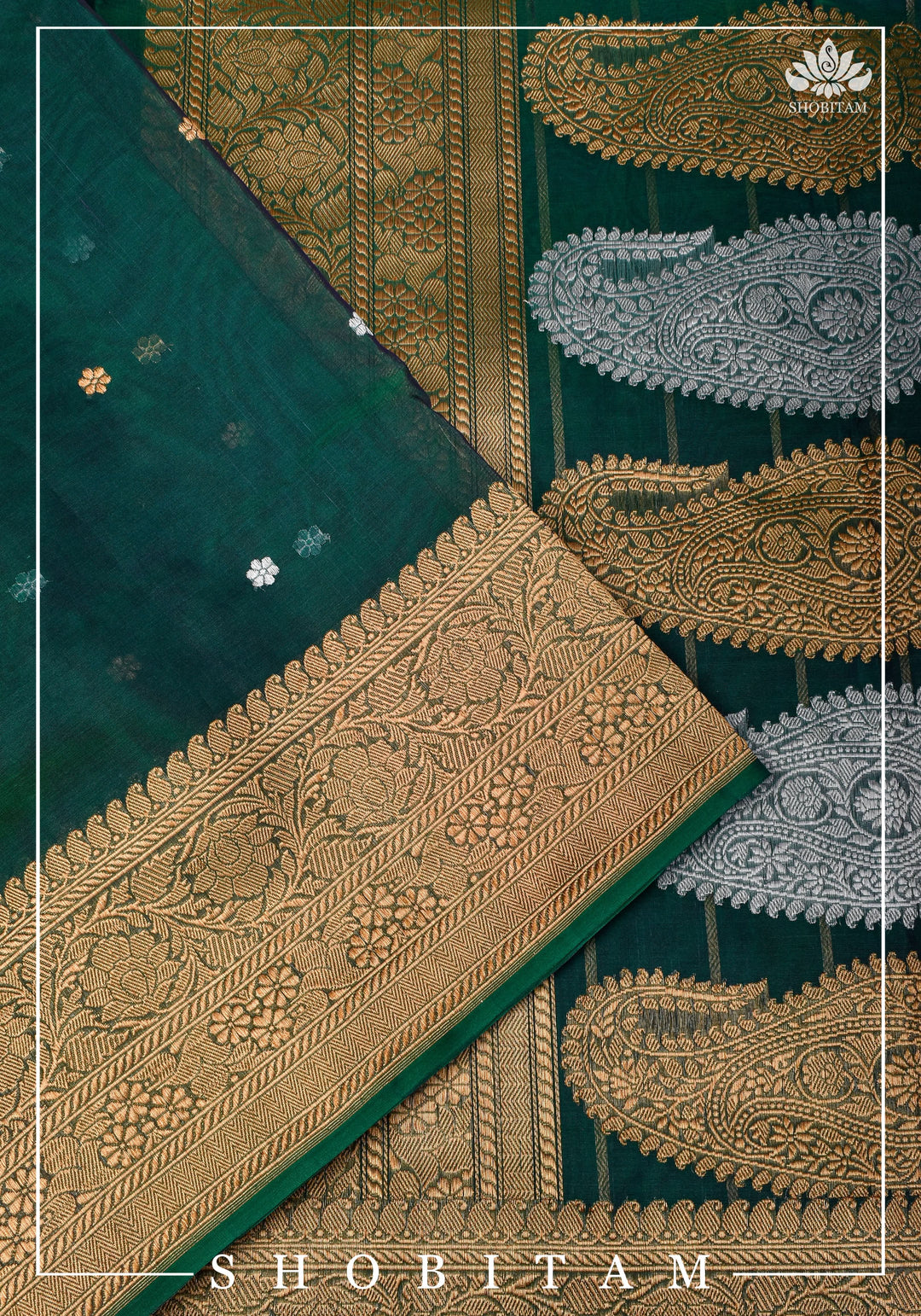 Exquisite Banarasi Kora Silk Saree in Green with Sona Rupa Chunri Buttis and Zari Border | SILK MARK CERTIFIED