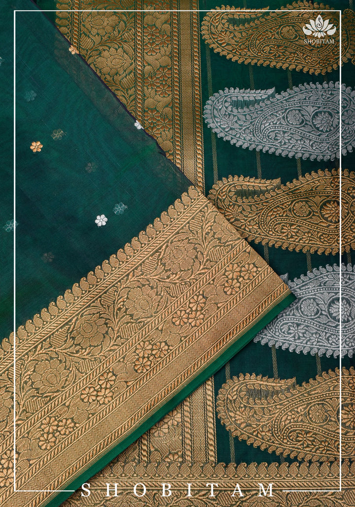 Exquisite Banarasi Kora Silk Saree in Green with Sona Rupa Chunri Buttis and Zari Border | SILK MARK CERTIFIED