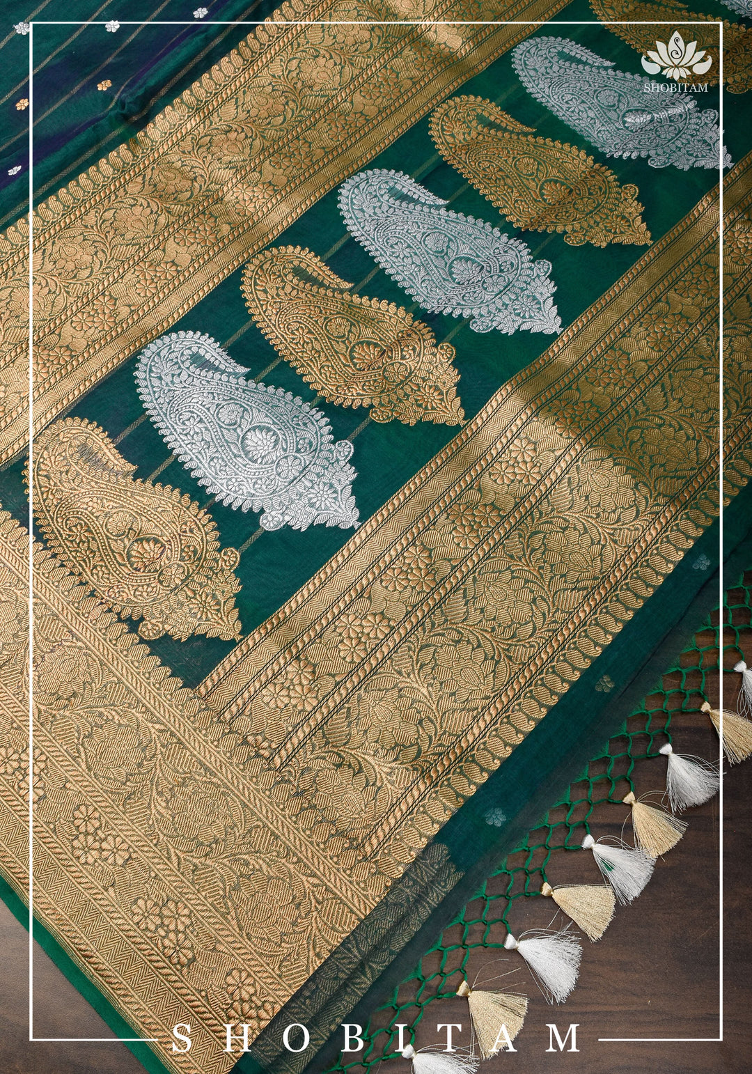 Exquisite Banarasi Kora Silk Saree in Green with Sona Rupa Chunri Buttis and Zari Border | SILK MARK CERTIFIED