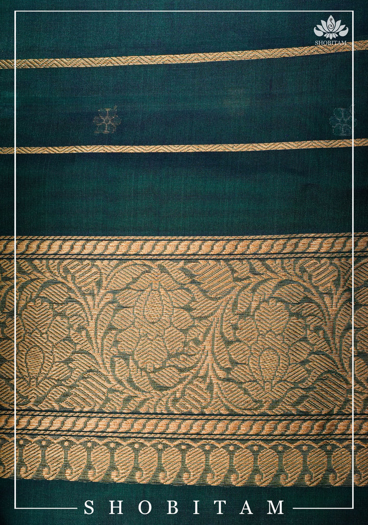 Exquisite Banarasi Kora Silk Saree in Green with Sona Rupa Chunri Buttis and Zari Border | SILK MARK CERTIFIED