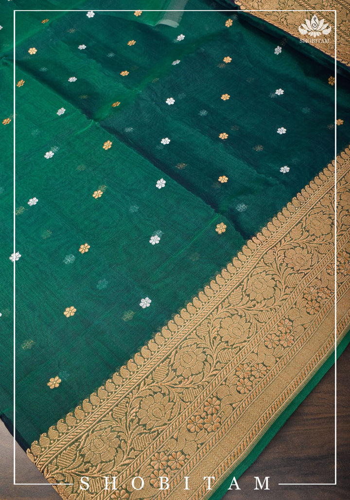 Exquisite Banarasi Kora Silk Saree in Green with Sona Rupa Chunri Buttis and Zari Border | SILK MARK CERTIFIED