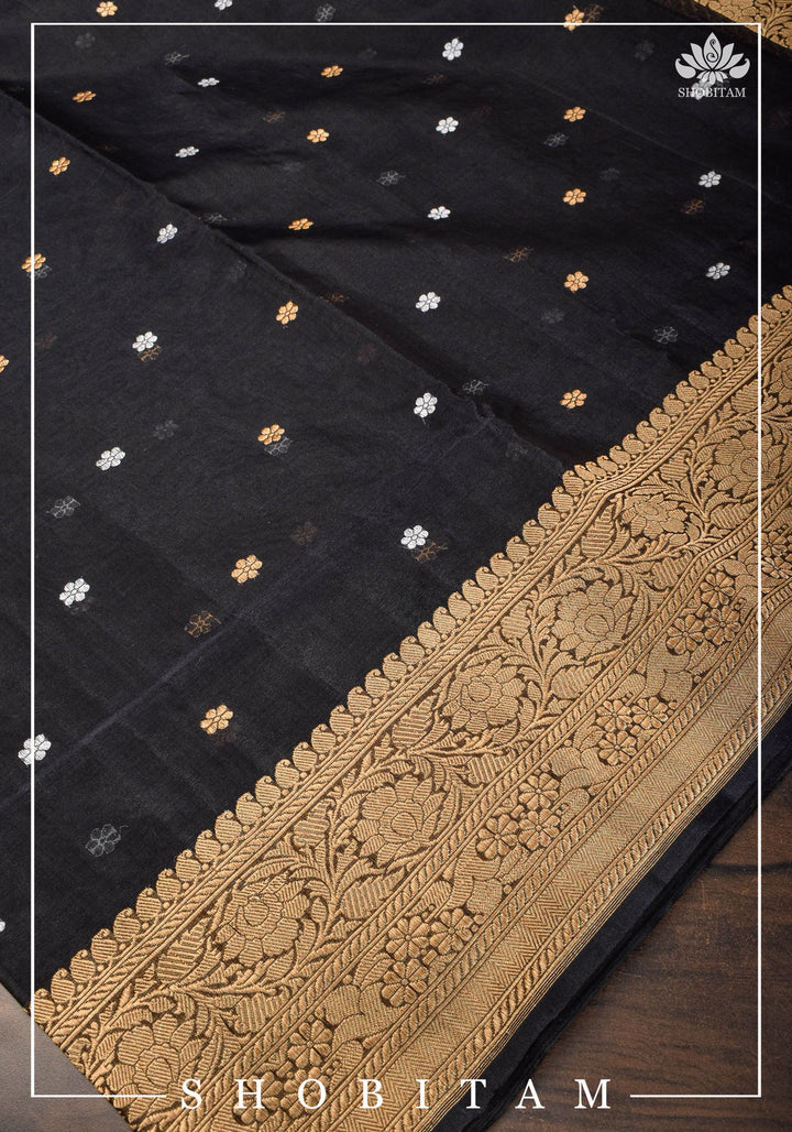 Exquisite Banarasi Kora Silk Saree in Black with Sona Rupa Zari and Resplendent Pallu  | SILK MARK CERTIFIED
