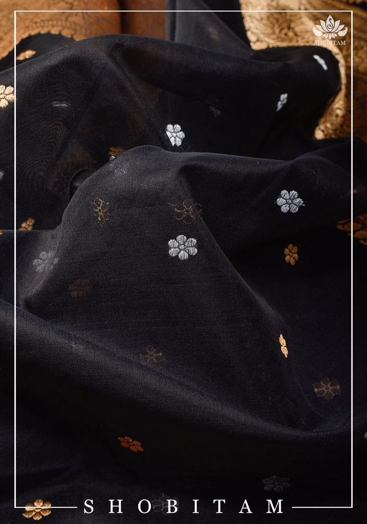 Exquisite Banarasi Kora Silk Saree in Black with Sona Rupa Zari and Resplendent Pallu  | SILK MARK CERTIFIED