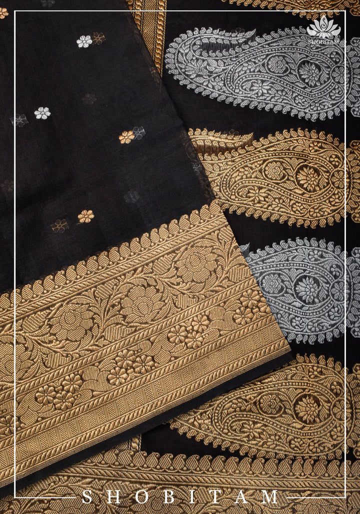 Exquisite Banarasi Kora Silk Saree in Black with Sona Rupa Zari and Resplendent Pallu  | SILK MARK CERTIFIED