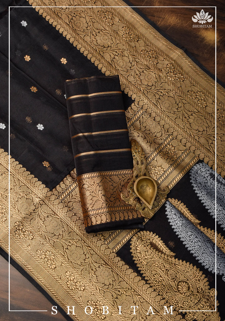Exquisite Banarasi Kora Silk Saree in Black with Sona Rupa Zari and Resplendent Pallu  | SILK MARK CERTIFIED