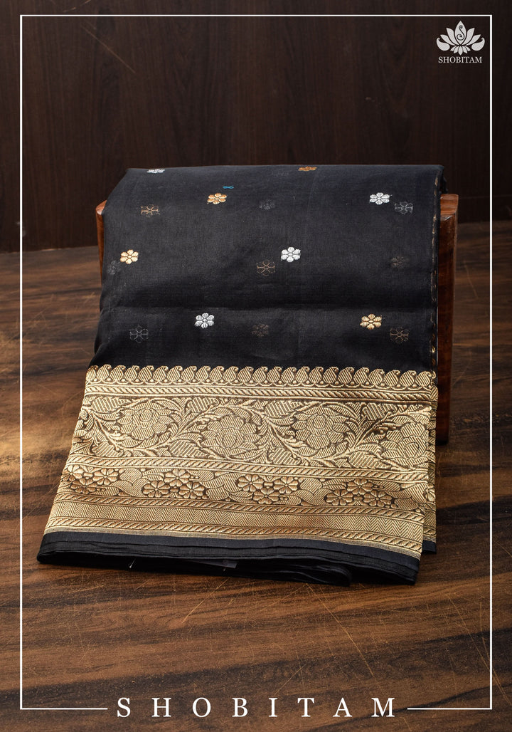 Exquisite Banarasi Kora Silk Saree in Black with Sona Rupa Zari and Resplendent Pallu  | SILK MARK CERTIFIED