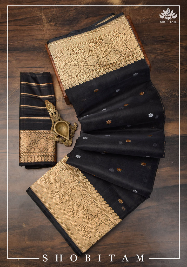 Exquisite Banarasi Kora Silk Saree in Black with Sona Rupa Zari and Resplendent Pallu  | SILK MARK CERTIFIED