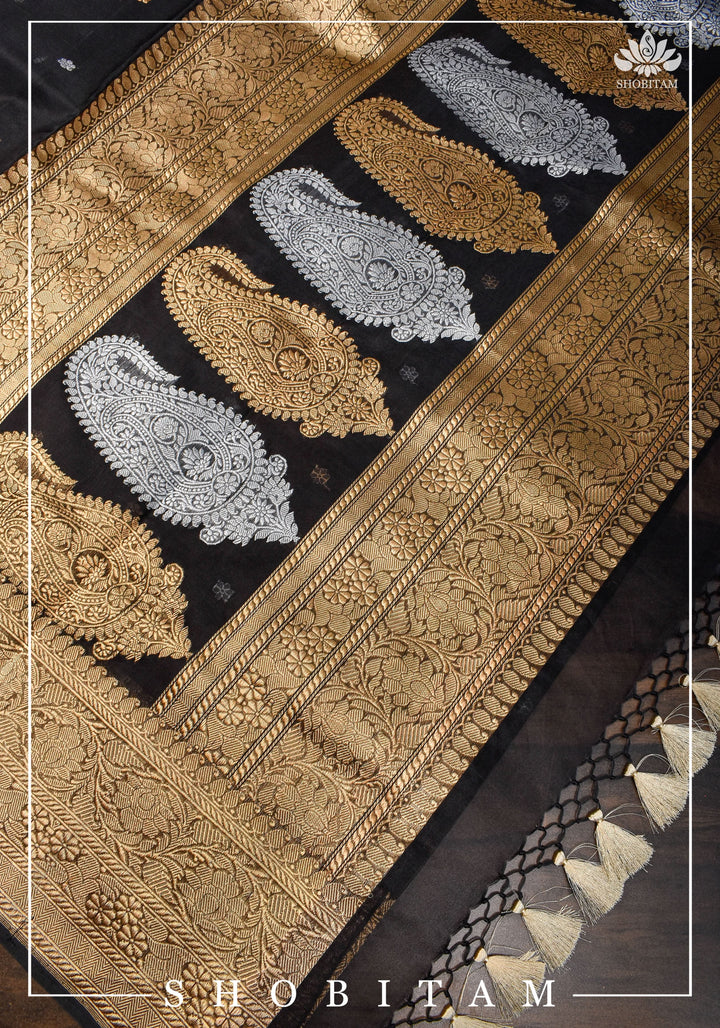 Exquisite Banarasi Kora Silk Saree in Black with Sona Rupa Zari and Resplendent Pallu  | SILK MARK CERTIFIED