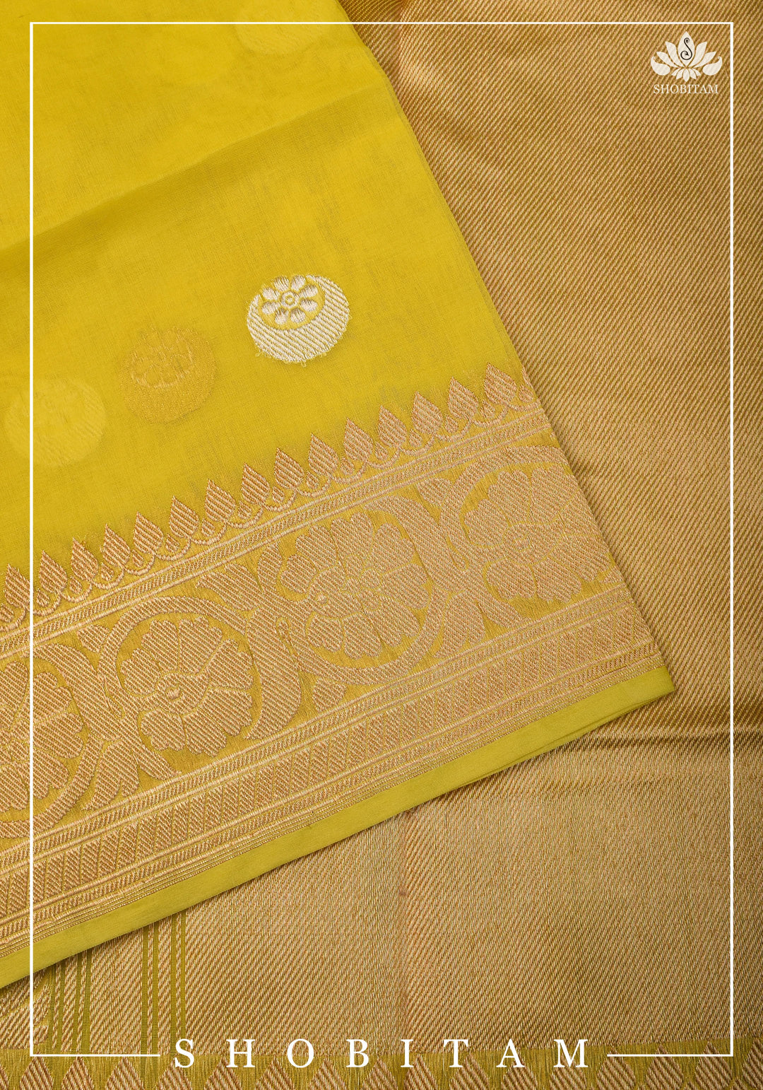 Exquisite Banarasi Kora Silk saree with Iconic Chand Tara Buta Design in Yellow with Grand Pallu and Zari | SILK MARK CERTIFIED | SHOBITAM