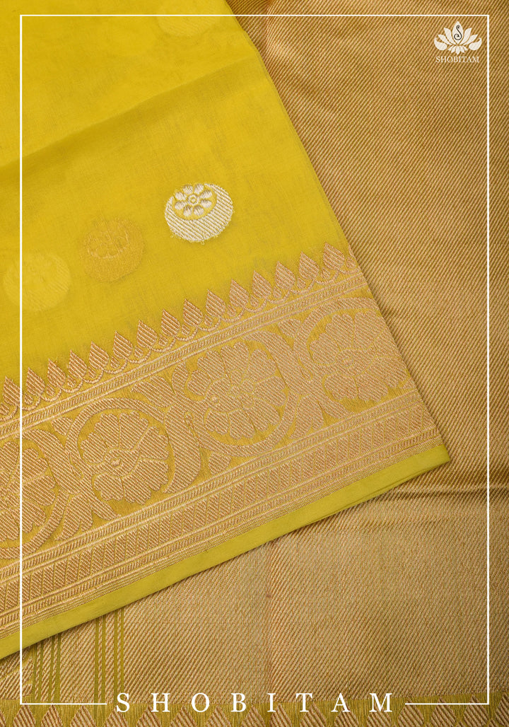Exquisite Banarasi Kora Silk saree with Iconic Chand Tara Buta Design in Yellow with Grand Pallu and Zari | SILK MARK CERTIFIED | SHOBITAM