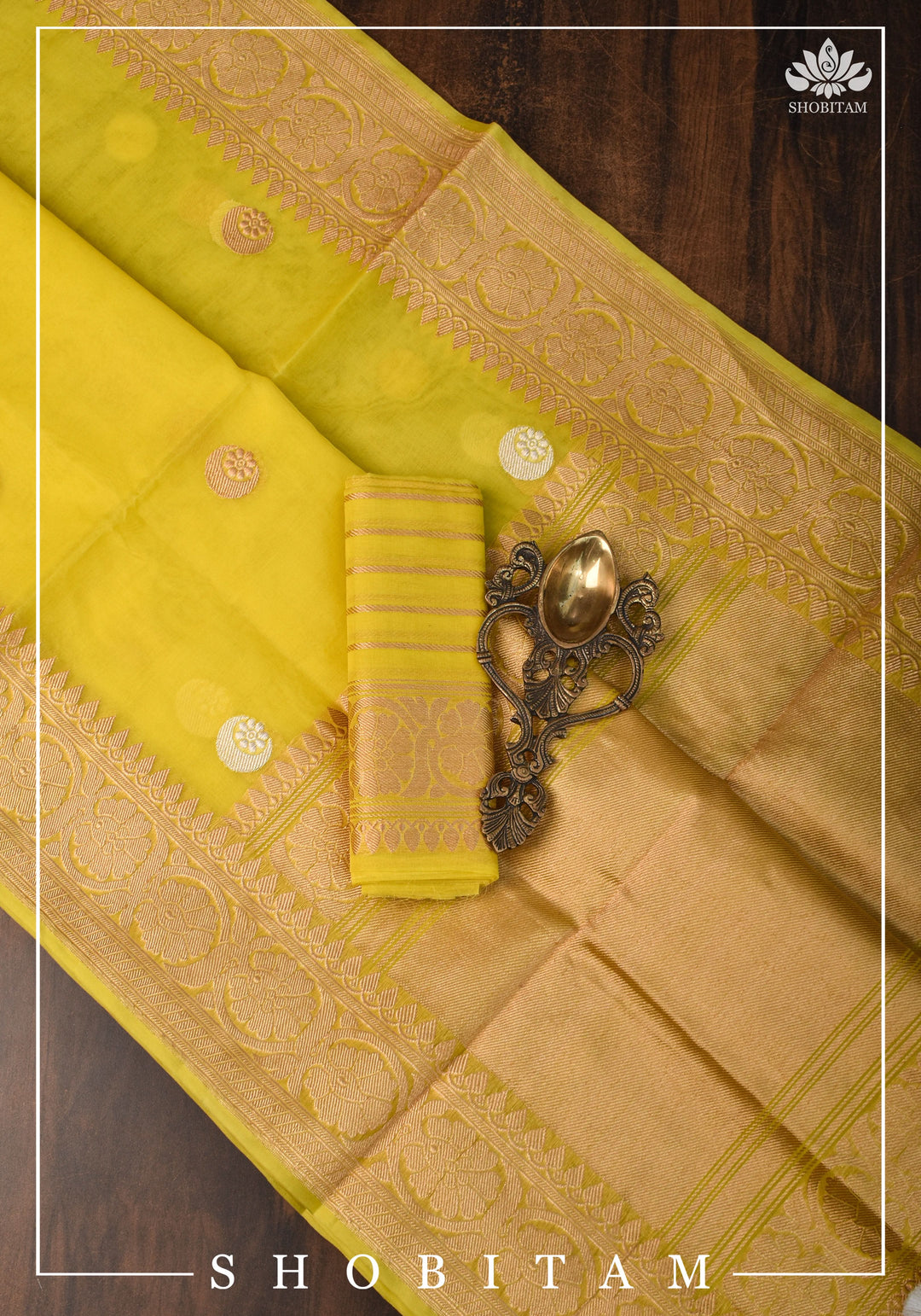 Exquisite Banarasi Kora Silk saree with Iconic Chand Tara Buta Design in Yellow with Grand Pallu and Zari | SILK MARK CERTIFIED | SHOBITAM