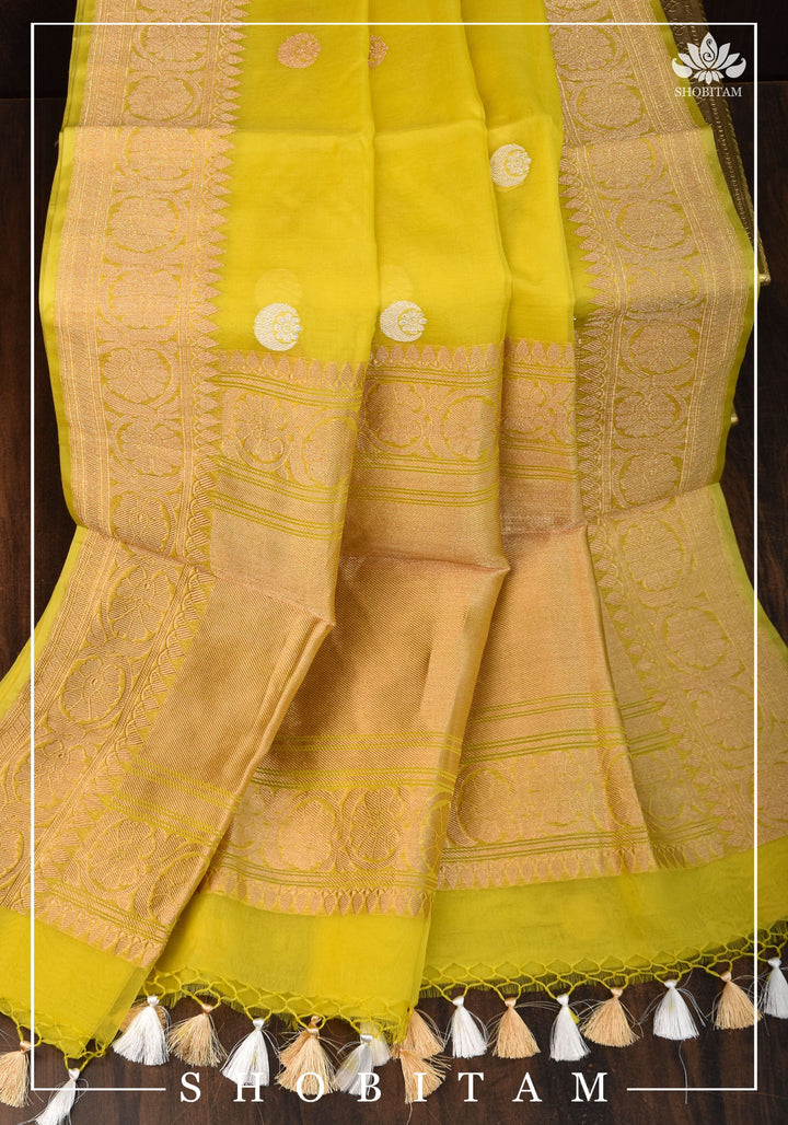 Exquisite Banarasi Kora Silk saree with Iconic Chand Tara Buta Design in Yellow with Grand Pallu and Zari | SILK MARK CERTIFIED | SHOBITAM