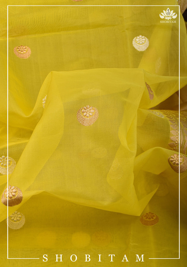 Exquisite Banarasi Kora Silk saree with Iconic Chand Tara Buta Design in Yellow with Grand Pallu and Zari | SILK MARK CERTIFIED | SHOBITAM