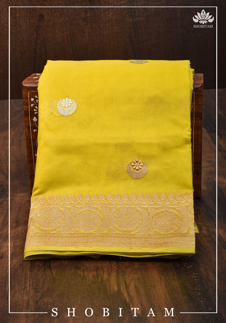 Exquisite Banarasi Kora Silk saree with Iconic Chand Tara Buta Design in Yellow with Grand Pallu and Zari | SILK MARK CERTIFIED | SHOBITAM