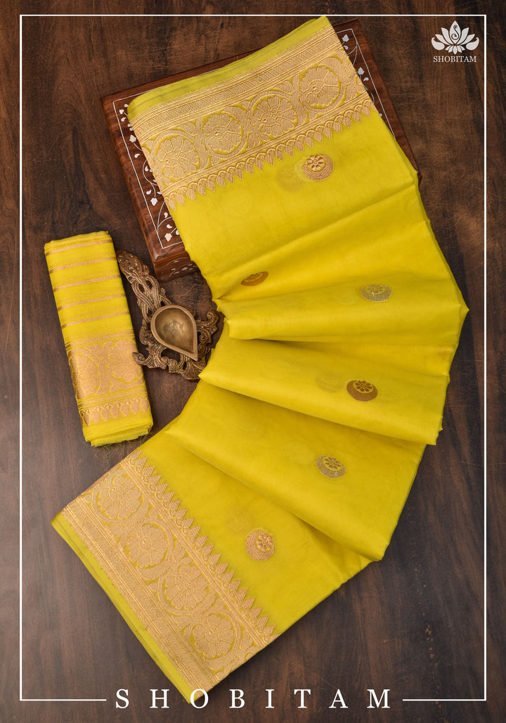 Exquisite Banarasi Kora Silk saree with Iconic Chand Tara Buta Design in Yellow with Grand Pallu and Zari | SILK MARK CERTIFIED | SHOBITAM