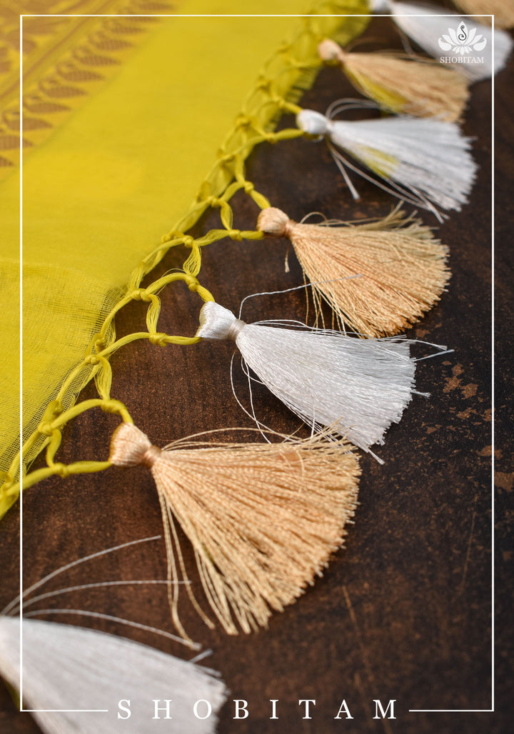Exquisite Banarasi Kora Silk saree with Iconic Chand Tara Buta Design in Yellow with Grand Pallu and Zari | SILK MARK CERTIFIED | SHOBITAM