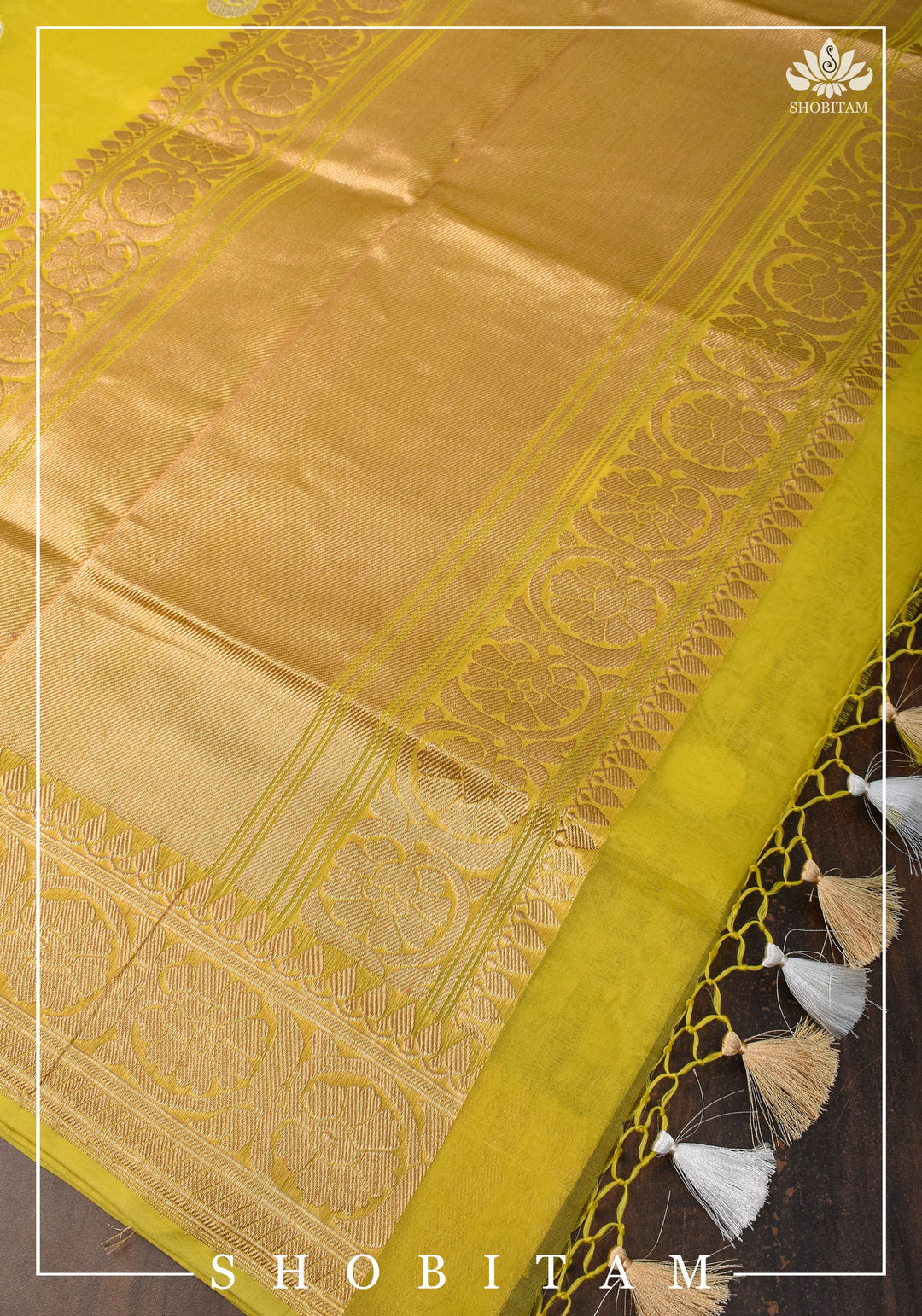 Exquisite Banarasi Kora Silk saree with Iconic Chand Tara Buta Design in Yellow with Grand Pallu and Zari | SILK MARK CERTIFIED | SHOBITAM