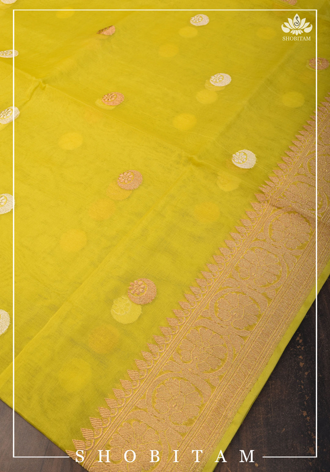 Exquisite Banarasi Kora Silk saree with Iconic Chand Tara Buta Design in Yellow with Grand Pallu and Zari | SILK MARK CERTIFIED | SHOBITAM