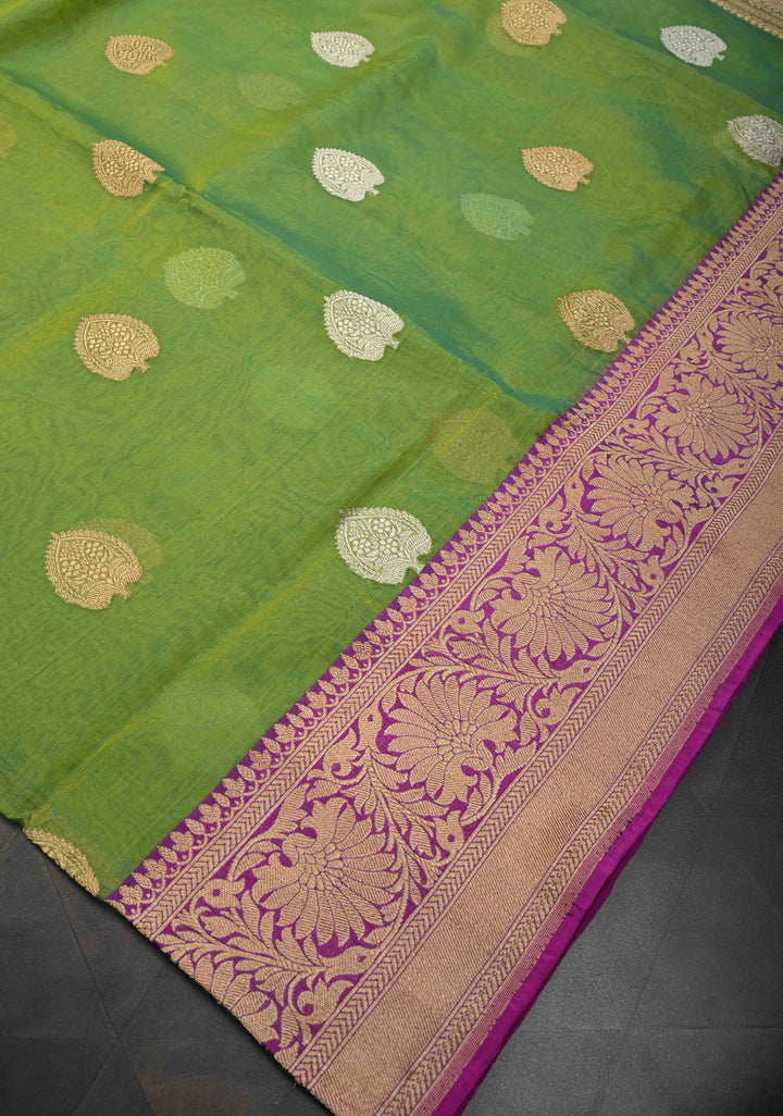 Lime Green Pure Organza Banarasi Silk Saree with Sona Rupa Zari Buttas and Ganga Jamuna Borders  | SILK MARK CERTIFIED