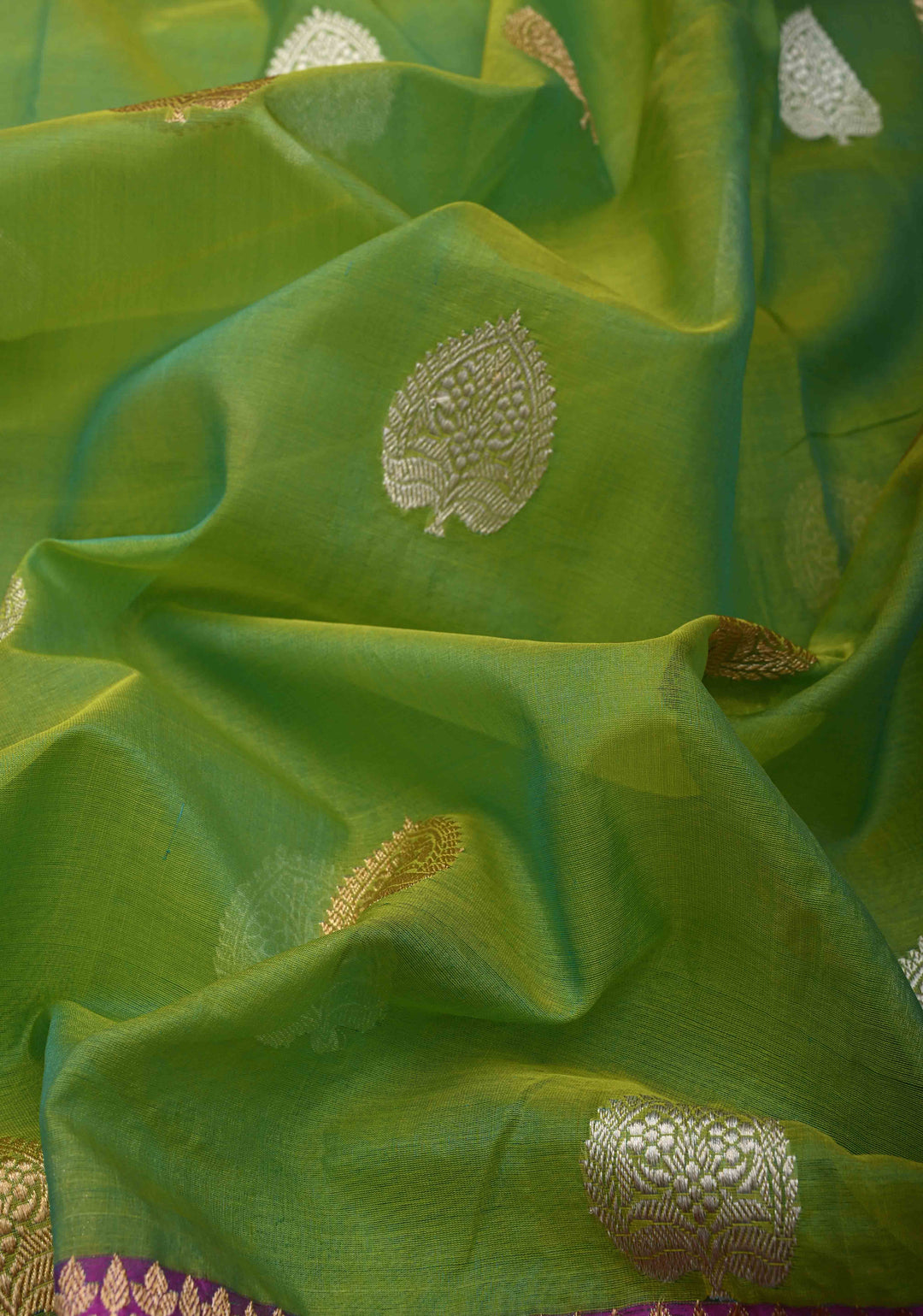 Lime Green Pure Organza Banarasi Silk Saree with Sona Rupa Zari Buttas and Ganga Jamuna Borders  | SILK MARK CERTIFIED