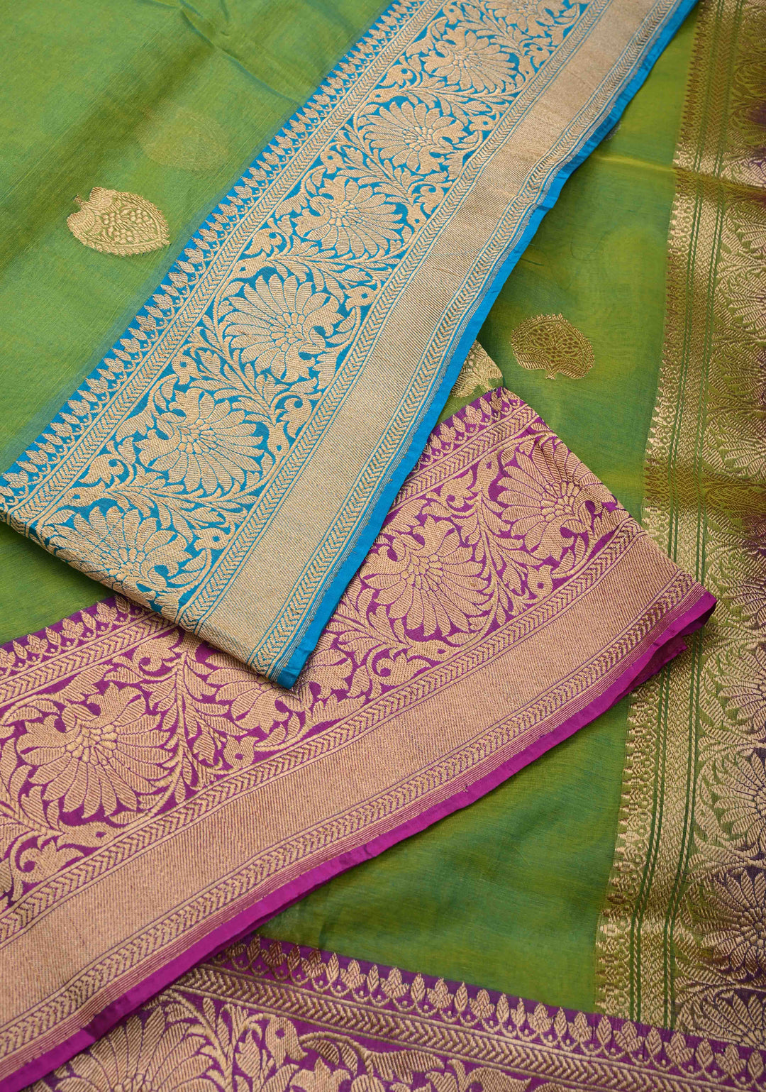 Lime Green Pure Organza Banarasi Silk Saree with Sona Rupa Zari Buttas and Ganga Jamuna Borders  | SILK MARK CERTIFIED