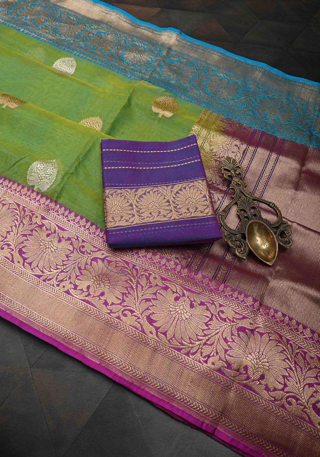 Lime Green Pure Organza Banarasi Silk Saree with Sona Rupa Zari Buttas and Ganga Jamuna Borders  | SILK MARK CERTIFIED