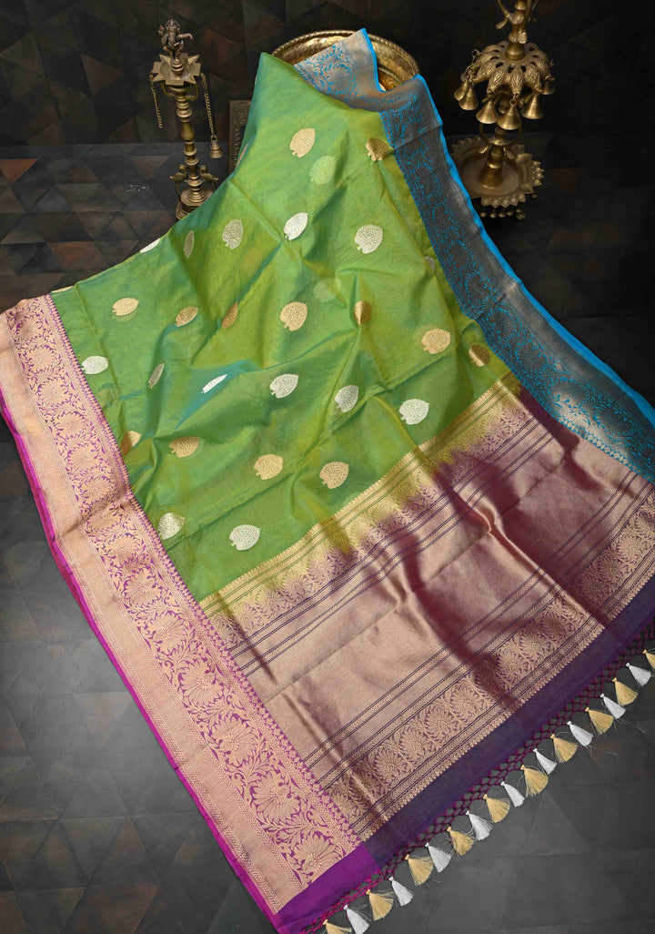 Lime Green Pure Organza Banarasi Silk Saree with Sona Rupa Zari Buttas and Ganga Jamuna Borders  | SILK MARK CERTIFIED