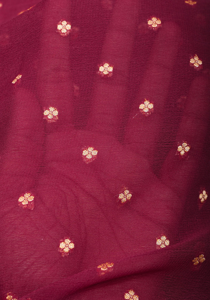 Maroon Pure Silk Georgette Saree with Chunri Butis and Gold Zari Border | SILK MARK CERTIFIED