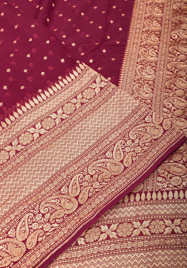 Maroon Pure Silk Georgette Saree with Chunri Butis and Gold Zari Border | SILK MARK CERTIFIED