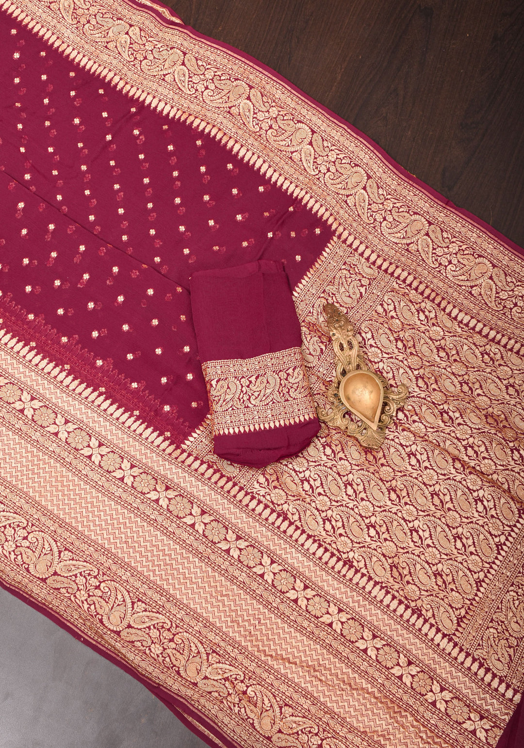 Maroon Pure Silk Georgette Saree with Chunri Butis and Gold Zari Border | SILK MARK CERTIFIED