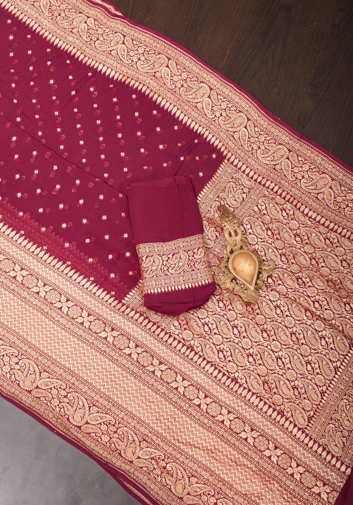 Maroon Pure Silk Georgette Saree with Chunri Butis and Gold Zari Border | SILK MARK CERTIFIED