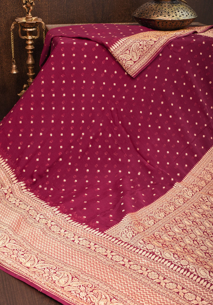 Maroon Pure Silk Georgette Saree with Chunri Butis and Gold Zari Border | SILK MARK CERTIFIED