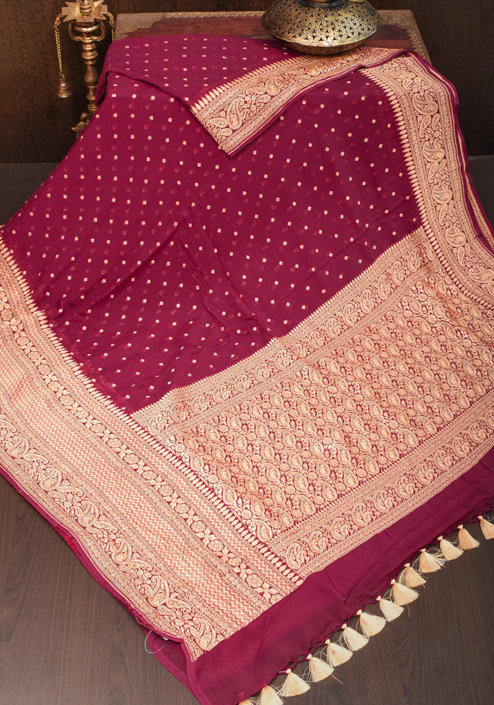 Maroon Pure Silk Georgette Saree with Chunri Butis and Gold Zari Border | SILK MARK CERTIFIED