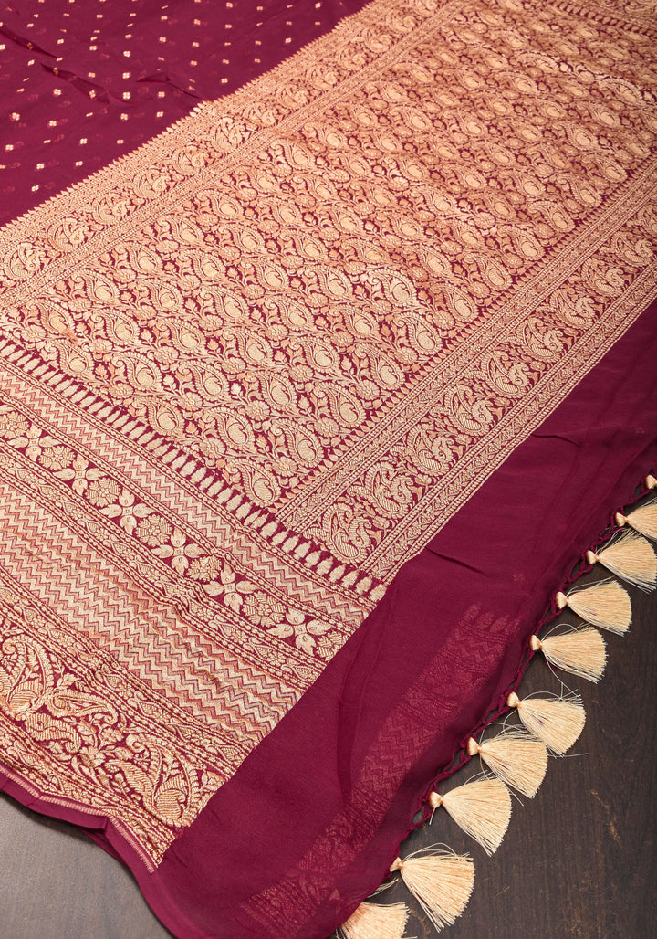 Maroon Pure Silk Georgette Saree with Chunri Butis and Gold Zari Border | SILK MARK CERTIFIED