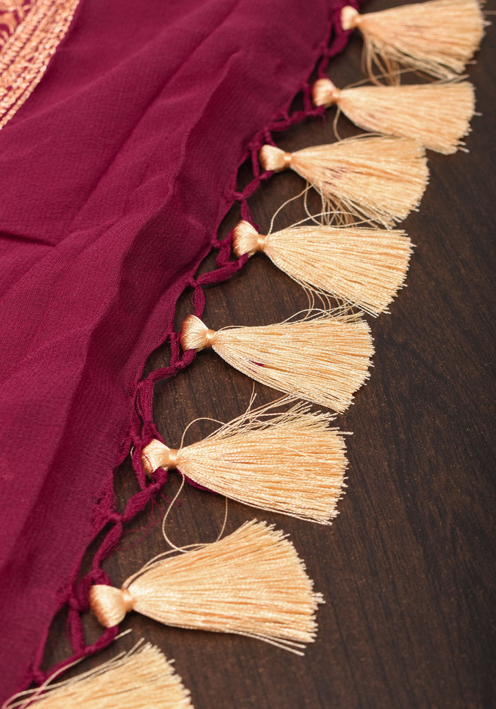 Maroon Pure Silk Georgette Saree with Chunri Butis and Gold Zari Border | SILK MARK CERTIFIED