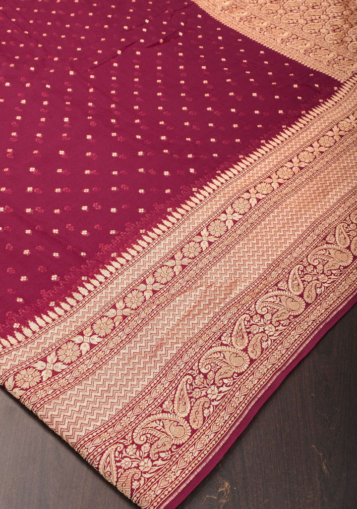 Maroon Pure Silk Georgette Saree with Chunri Butis and Gold Zari Border | SILK MARK CERTIFIED