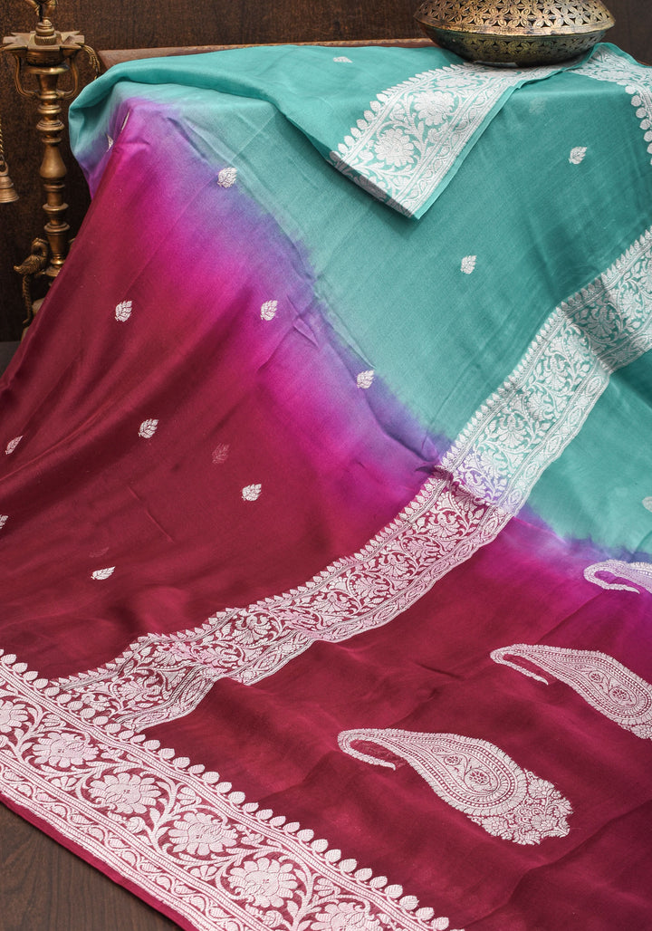 Banarasi Pure Silk Chiffon Ombré Saree with Elongated Paisley Border in Pallu With Green & Maroon | SILK MARK CERTIFIED