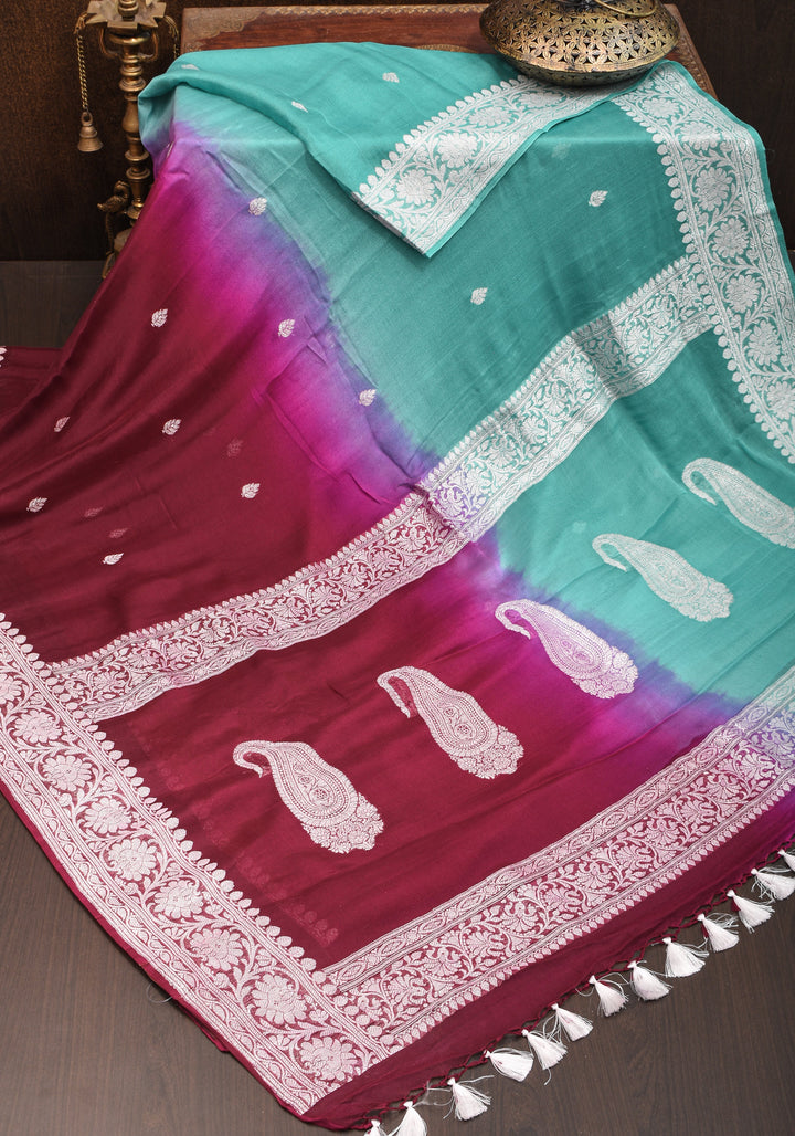 Banarasi Pure Silk Chiffon Ombré Saree with Elongated Paisley Border in Pallu With Green & Maroon | SILK MARK CERTIFIED