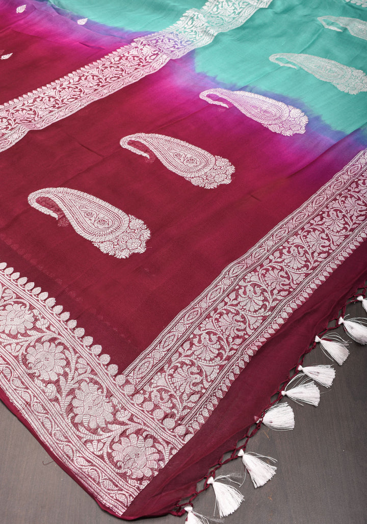 Banarasi Pure Silk Chiffon Ombré Saree with Elongated Paisley Border in Pallu With Green & Maroon | SILK MARK CERTIFIED